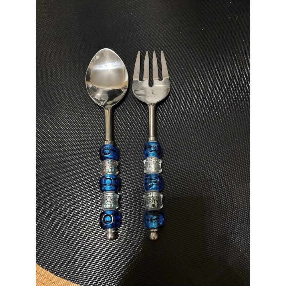 Large 11" Salad Servers Beaded with Blue and Clear Glass Art Beads